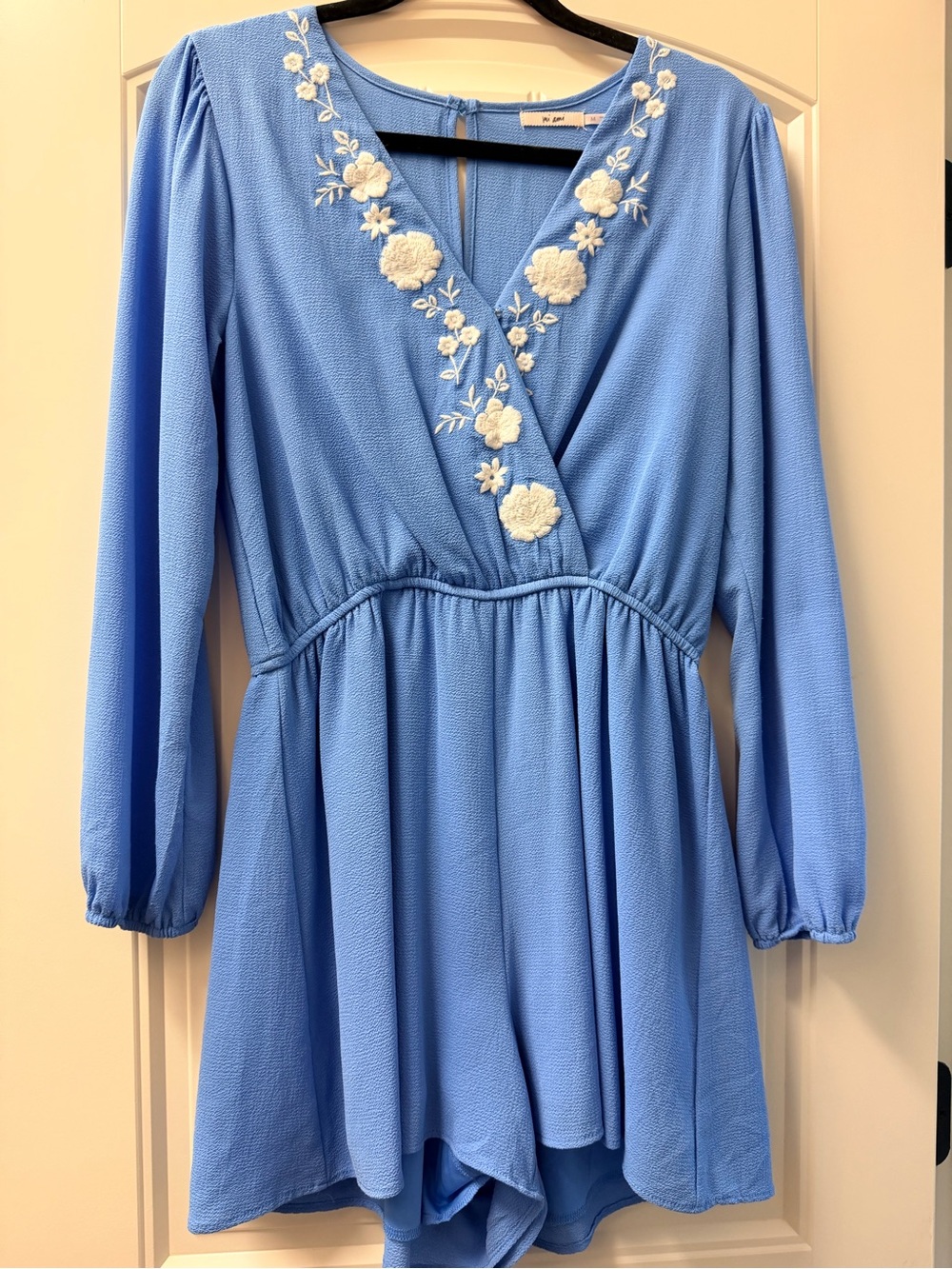 Mi Ami Light Blue Romper White Floral Embroidery long sleeve v neck medium